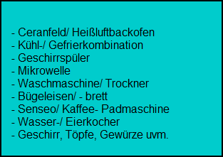 - Ceranfeld/ Heiluftbackofen
    - Khl-/ Gefrierkombination
    - Geschirrspler
    - Mikrowelle
    - Waschmaschine/ Trockner
    - Bgeleisen/ - brett
    - Senseo/ Kaffee- Padmaschine 
    - Wasser-/ Eierkocher
    - Geschirr, Tpfe, Gewrze uvm.