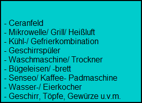 - Ceranfeld
  - Mikrowelle/ Grill/ Heiluft
  - Khl-/ Gefrierkombination
  - Geschirrspler
  - Waschmaschine/ Trockner
  - Bgeleisen/ -brett
  - Senseo/ Kaffee- Padmaschine 
  - Wasser-/ Eierkocher
  - Geschirr, Tpfe, Gewrze u.v.m.